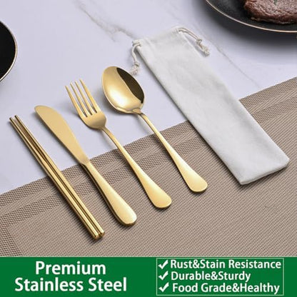 DEHOV Gold Travel Utensils Set With Pouch,Outdoor Camping Silverware Set For Picnic Gadgets,Set Of 5 Portable Cutlery Spoon And Fork Set With Case For Dining