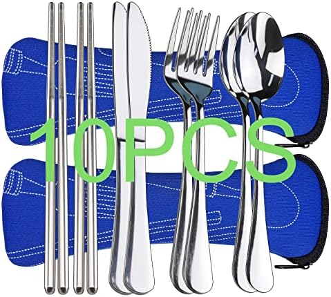 10PCS Portable Silverware Set with Case, Lengnoyp Travel Camping Utensils Set, Premium Stainless Steel Travel Cutlery Set, Reusable Safe Flatware Sets for Lunch Box/Workplace/Students, Silver