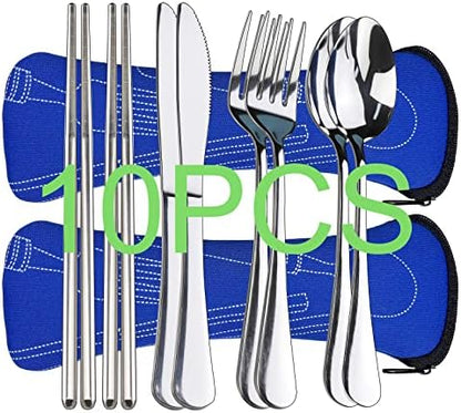 10PCS Portable Silverware Set with Case, Lengnoyp Travel Camping Utensils Set, Premium Stainless Steel Travel Cutlery Set, Reusable Safe Flatware Sets for Lunch Box/Workplace/Students, Silver