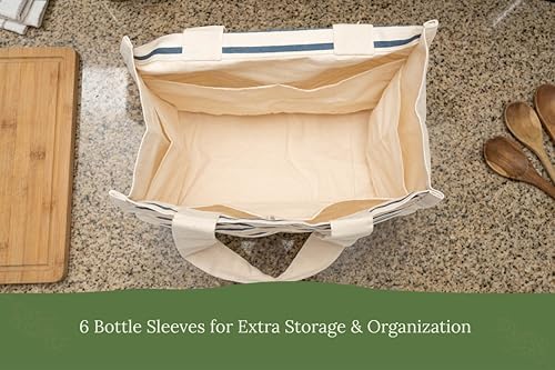 Best Canvas Grocery Shopping Bags - Cloth Grocery Tote Bags - Reusable Cotton Grocery Tote Bags with Bottle Sleeves