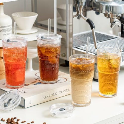 SoulTimes 20oz Hobnail Glass Tumbler with Bamboo Lids and Straws - Iced Coffee Glass Cups for Smoothie, Matcha, Juice, Water etc. Leakproof and Reusable Glassware Drinking for Travel To Go [4 Pcs]