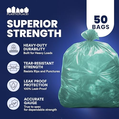 Plasticplace 55-60 gallon Trash Bags │ 1.2 Mil │ Green Heavy Duty Garbage Can Liners │ 38” x 58” (50Count)