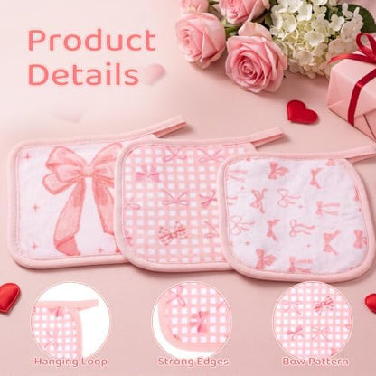 24 Pcs Pink Bow Party Favor Makeup Remover Cloth 6" x 6" Towels Reusable Coquette Pink Bow Remover Face Pads Soft Microfiber Washcloths Facial Cloths Makeup Towel Gift for Women