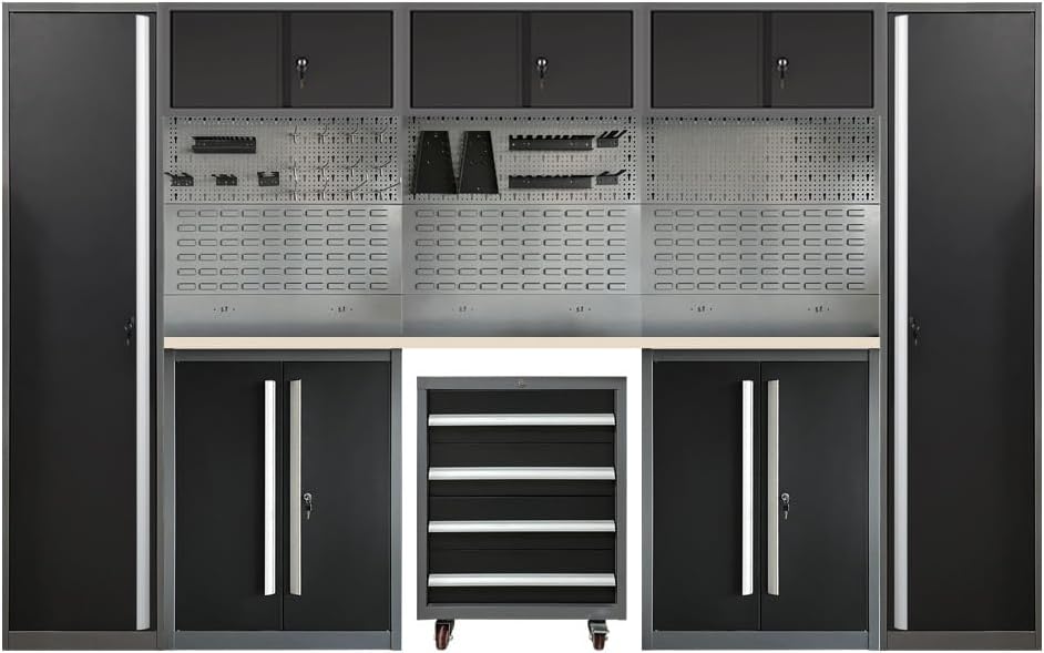 JZD Metal Garage Tool Cabinet System, Tool Organization with Wooden Worktop, for Workshop Auto Repair Shop, Black and Grey