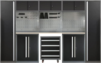 JZD Metal Garage Tool Cabinet System, Tool Organization with Wooden Worktop, for Workshop Auto Repair Shop, Black and Grey