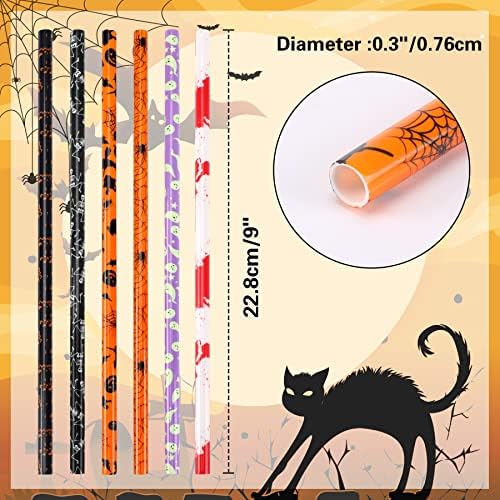 JANYUN 30 Pcs Halloween Straws 9inch Pumpkin Bat Skeleton Spider Printing