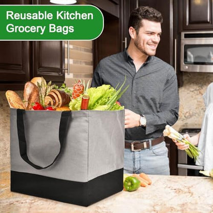 3 Pack Canvas Reusable Grocery Bags Heavy Duty, 8.3 gal Foldable Large Tote Bag with Handles, Holds 60 lbs Canvas Shopping Bags & Washable Eco-friendly Bags with 5 Pockets, Grey+Black