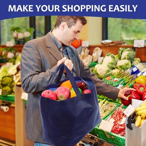 25 Pcs Reusable Tote Bag with Handles Bulk 16.1'' x 6.3'' x 11.8'' Extra Large Non Woven Grocery Shopping Bags for Shop Events Boutiques Retail Store(Navy)