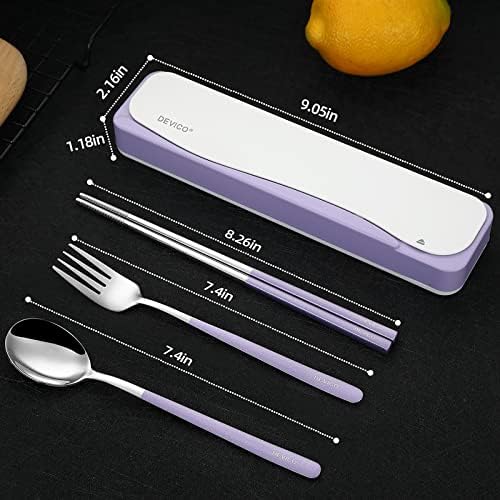 DEVICO Travel Utensils with Case, 4Pcs Portable Silverware Set for Work, 18/8 Stainless Steel Reusable Cutlery, Korean Spoon and Chopsticks Fork for Camping, School, Lunch Box Accessories (Purple)