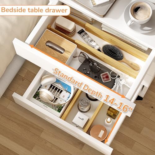 BAMEOS Bamboo Expandable Drawer Dividers – Fits 13.3"–19" Drawers, 2" High, Set of 4 | Spring-Loaded Bamboo Separator for Kitchen Island, Bathroom Vanity & Dresser Drawers