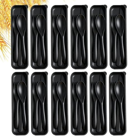 Travel Utensils with Case, 12 Sets Camping Utensil Sets, Wheat Straw Portable Knife Fork Spoons Tableware, Reusable Utensils for Lunch Box (Black)