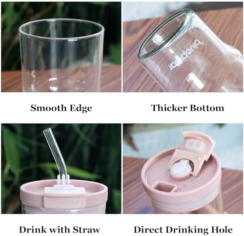 Glass Cups with Lids and Straws,16oz/480mll Reusable Iced Coffee Glasses & Juice Bottles,Cold Brew Tumblers with Leakproof Lids,BPA-Free Glass Jars for Juicing,Matcha,Flower Tea,Smoothie (Pink)