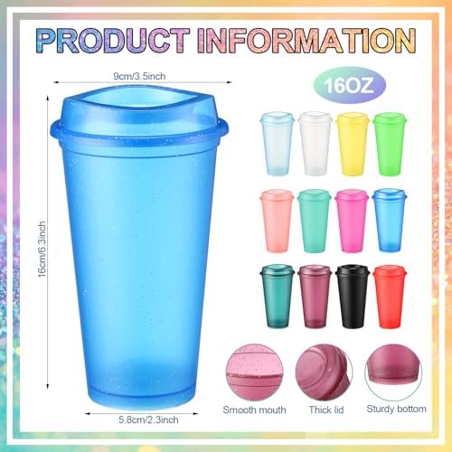 Honeydak 45 Pack 16 oz Reusable Coffee Cups with Lids Water Bottle Iced Coffee Travel Mug Portable Plastic Tea Tumblers Bulk for Hot and Cold Drinks Birthdays Party (Fluorescent Color,Stylish)
