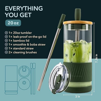 Pandaloo® Glass Cups With Lids and Straws -20 Fl Oz- Perfect Size Iced Coffee Cup - Smoothie Cup With Bamboo Lid and On the go Lid - Glass Tumbler With Straw (1 Count (Pack of 1), Mediterranean Olive)