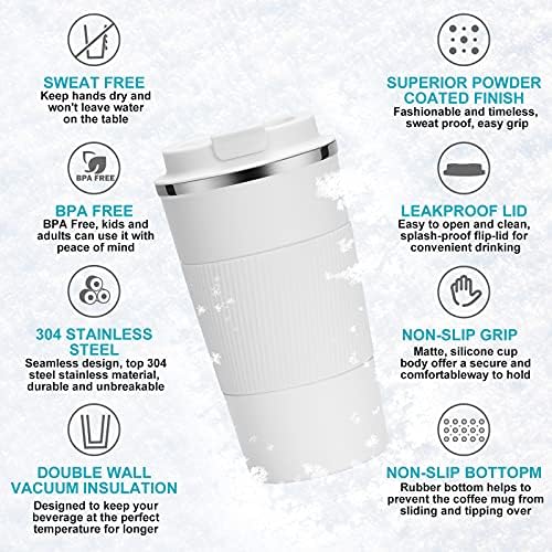 YINJOYI 17oz Travel Coffee Cups Insulated Mug Thermal Tumbler to Go with Lid Leak Proof Reusable Stainless Steel Coffee Mug Spill Proof for Hot and Iced Cold Drinks (White, 510ml)