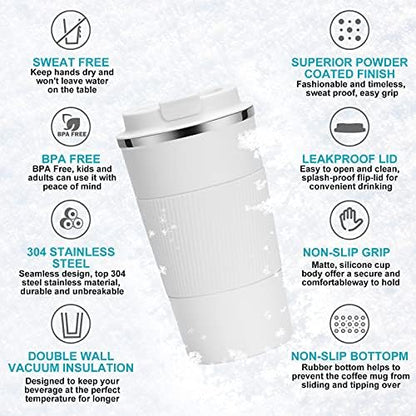 YINJOYI 17oz Travel Coffee Cups Insulated Mug Thermal Tumbler to Go with Lid Leak Proof Reusable Stainless Steel Coffee Mug Spill Proof for Hot and Iced Cold Drinks (White, 510ml)