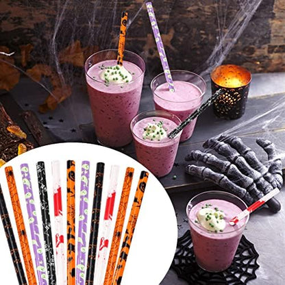 JANYUN 30 Pcs Halloween Straws 9inch Pumpkin Bat Skeleton Spider Printing