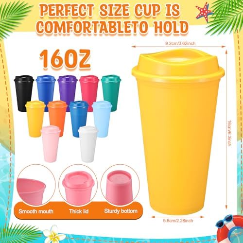 Honeydak 66 Pack 16 oz Reusable Coffee Cups with Lids Water Bottle Iced Coffee Travel Mug Portable Plastic Tea Tumblers Bulk for Hot and Cold Drinks Birthdays Party (Solid Color,Classic)
