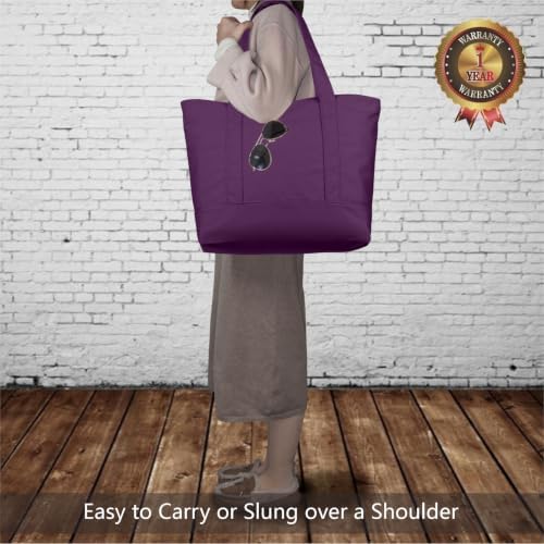 TOPDesign 3-Pack Canvas Tote Bags with an External Pocket, Reusable Grocery Shopping Bags, Top Zipper Closure, Daily Essentials (Purple)