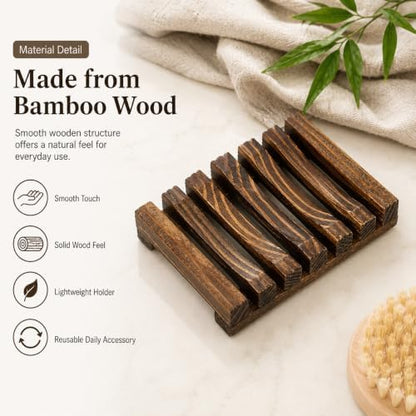 Bamboo Soap Dish for Bar Soap, Raised Wooden Holder with Drain Slots，Carbonized Pine Wood Soap Box