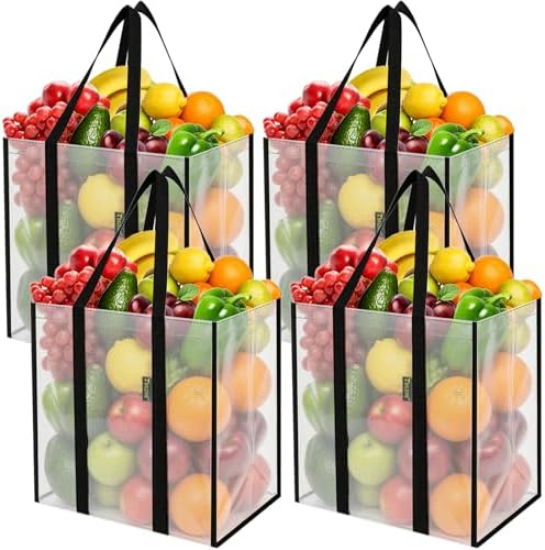 BALEINE 4 PK Grocery Bags Reusable Shopping Bags with Reinforced Bottom, Heavy Duty Foldable Tote Bags (Transparent)