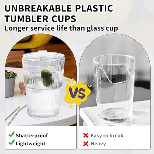 Iced Coffee Cups with Lids and Straws Set of 2, 16 Oz Unbreakable Plastic Drinking Cups Reusable Iced Coffee Cup to Go for Iced Tea,Juice, Water,BPA Free, Dishwasher Safe