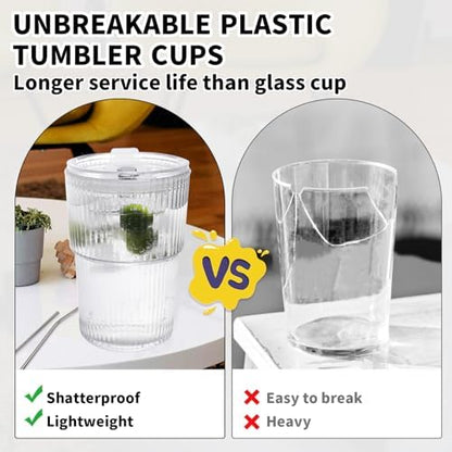 Iced Coffee Cups with Lids and Straws Set of 2, 16 Oz Unbreakable Plastic Drinking Cups Reusable Iced Coffee Cup to Go for Iced Tea,Juice, Water,BPA Free, Dishwasher Safe