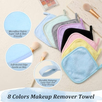 48 Pcs Makeup Remover Cloth Reusable Makeup Remover Pads Soft Microfiber Face Towels Facial Cleansing Cloths for Face Hand Eye Lips Bathroom Gift for Women 6.3 x 5.5 Inch(8 Colors)