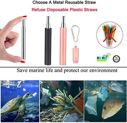 2 Pack Reusable Metal Straws Collapsible Stainless Steel Drinking Straw Travel Portable Telescopic Straw with Case for Cruise Ship Essentials Black/Rose Gold