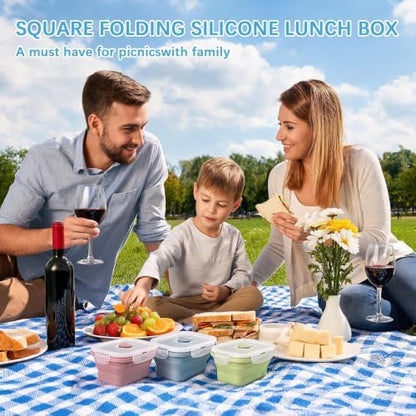 6 Pcs Silicone Food Containers 11.8 oz Collapsible Storage Containers with Airtight Lids Stacking Meal Prep Lunch Leftover Food fruits Storage Foldable Box for Freezer Microwave Dishwasher Safe