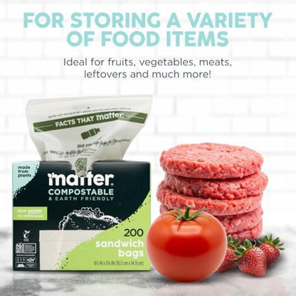 Matter Compostable Sandwich Bags, Resealable, 200 Count, Made From Plants