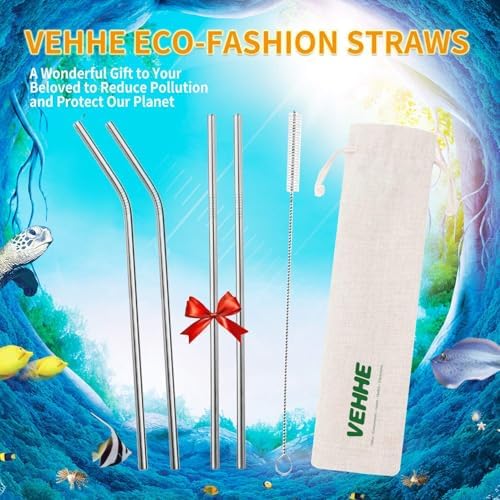 VEHHE Metal Straws, Stainless Steel Reusable Straws Set (2 Straight|2 Bent)
