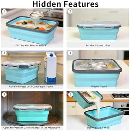 Collapsible Silicone Food Storage Containers Set, 4PCS Foldable Lunch Boxes with Lids & Air Vent, 27oz Multifunctional Travel Food Containers, Bento Boxes, Blue