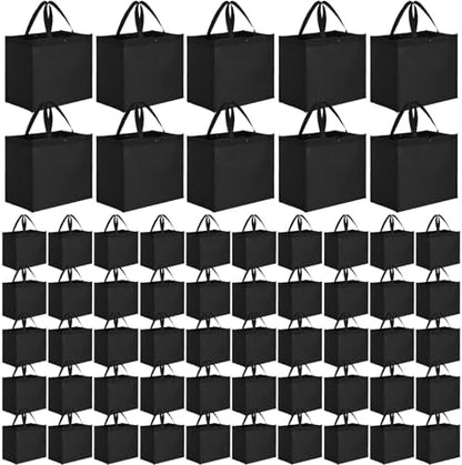 Zhehao 60 Pcs Reusable Grocery Bags Bulk Large Foldable Shopping Tote Bags Non Woven with Handle and Plastic Button(Black)