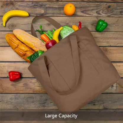 TOPDesign 6-Pack Canvas Tote Bags with an External Pocket, Reusable Grocery Shopping Bags, Top Zipper Closure, Daily Essentials (Brown)