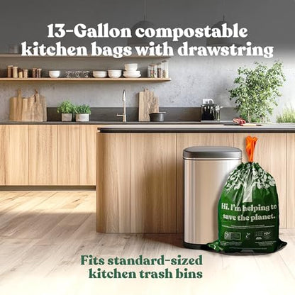 Healthy Earth 13 Gallon Compostable Drawstring Trash Bags, 1.13 Mil Extra Thick Tall Kitchen Liners (49.2 L), Heavy Duty Leak-Proof Food Scrap Bags, BPI & TÜV OK Compost Certified, 30 Count