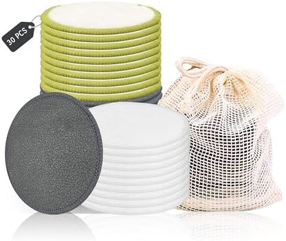 30 Packs Reusable Bamboo Charcoal Makeup Remover Pads for Face