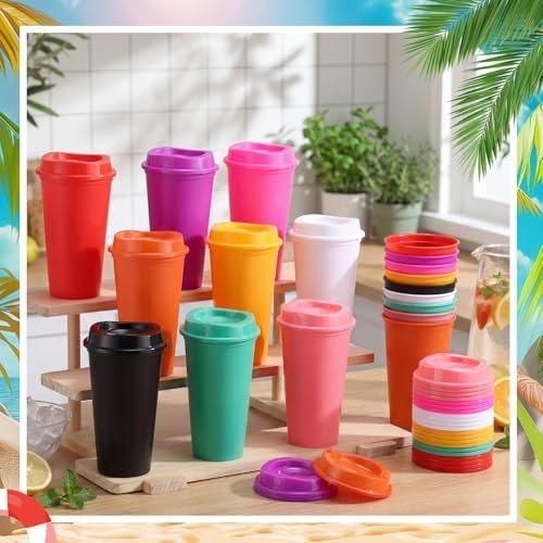 Honeydak 45 Pack 16 oz Reusable Coffee Cups with Lids Water Bottle Iced Coffee Travel Mug Portable Plastic Tea Tumblers Bulk for Hot and Cold Drinks Birthdays Party (Dark Color,Classic)