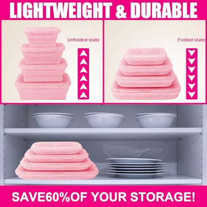 4 Pack Collapsible Silicone Food Storage Containers with Lids, Pink