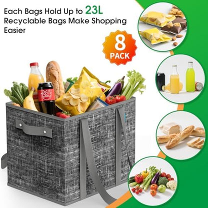 Fab totes Reusable Grocery Bags, Large Foldable Shopping Tote Bags with Reinforced Handles & Hard Bottom,8 Pack, Black