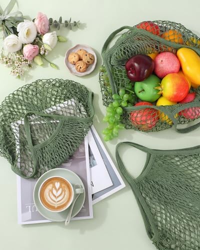 Eccliy 12Pcs Reusable Cotton Mesh Grocery Bag with Handle, Green, 4 in