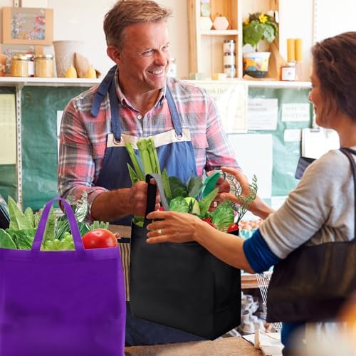 Reginary 50 Pcs Reusable Tote Bags Shopping Bags Non Woven, Black, Purple