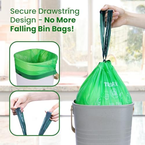 3 Gallon Compostable Trash Bags Drawstring, Heavy Duty Extra Thick 0.9 Mil, 45 Bags, Fits 2.6, 3, 4, 5 Gallon Countertop Bin Kitchen Food Scrap Waste Bag, ASTM D6400