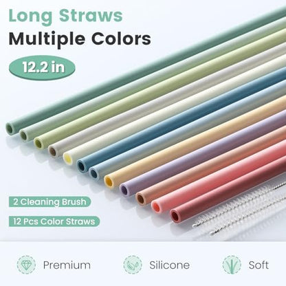 12-Pack Silicone Reusable Straws for Stanley 40 oz 30 oz Cup Tumbler, 12.2 inch Long Replacement Straws with 2 Cleaning Brushes