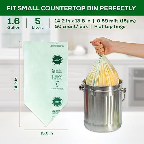 ANECO 100% Home Compostable Food Waste Bags, 1.6 Gallon, 50 Count