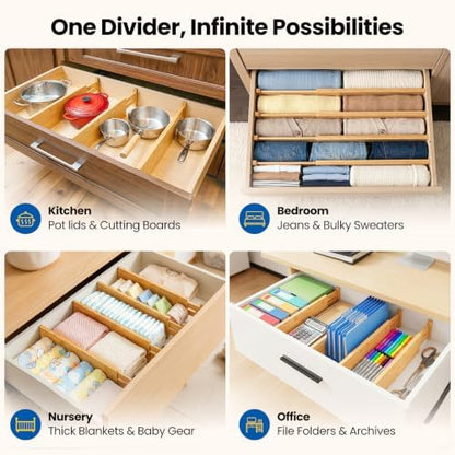 4 Pack 6" Deep Bamboo Drawer Dividers, 12-17" Expandable Kitchen Organizers
