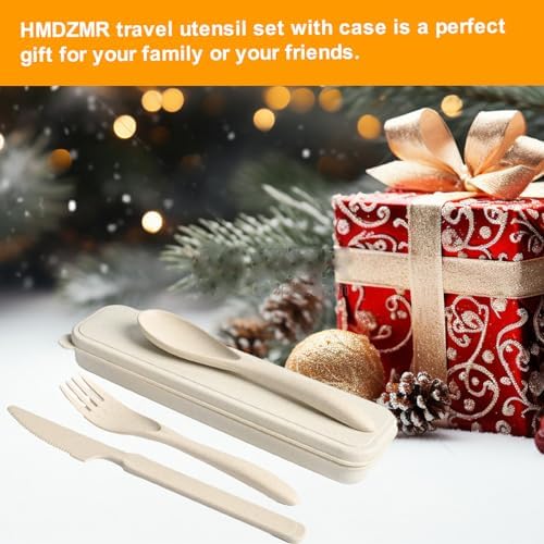 Travel Utensils with Case, Camping Utensils Wheat Straw Reusable Utensils Set With Case, Knife Fork and Spoon Utensil for Lunch Box (2 Pack)
