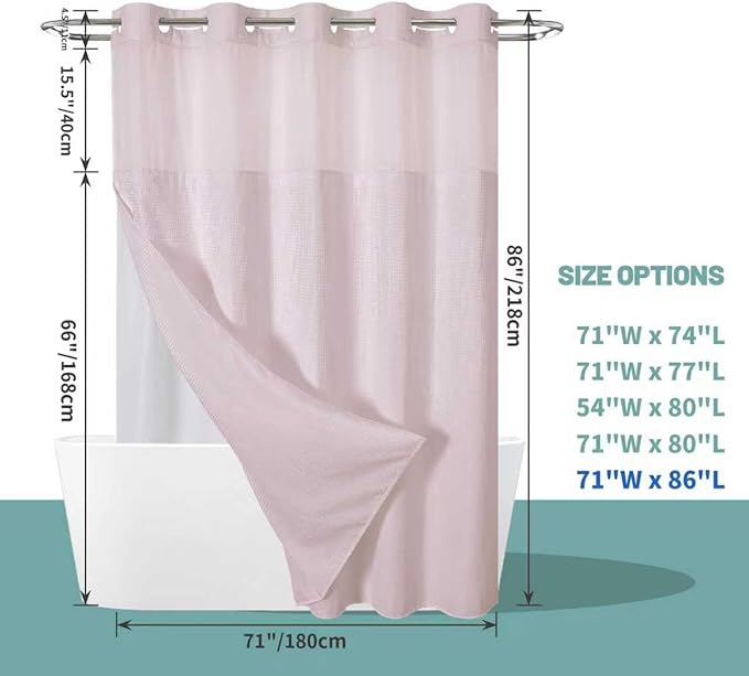 eachope BlushPink Extra Long No Hook Waffle Weave Shower Curtain with snap-in Liner Replacement, 230GSM Waterproof Fabric Hotel Shower Curtain Set for Bathroom, Through Mesh Top Window,71Wx86H