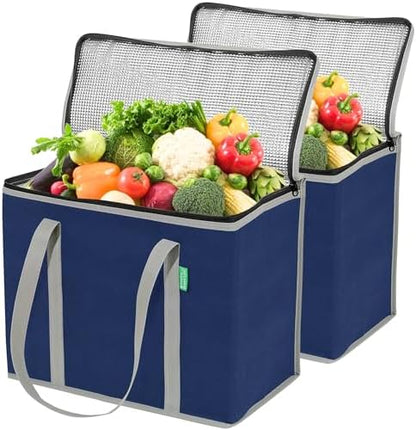 Creative Green Life XL Insulated Reusable Grocery Bags (2-Pack) - Premium Quality Cooler Bags with Hard Bottom Insert, Stands Upright, Washable
