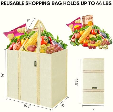 BALEINE 4 PK Grocery Bags Reusable Shopping Bags with Reinforced Bottom, Heavy Duty Foldable Tote Bags (Beige)